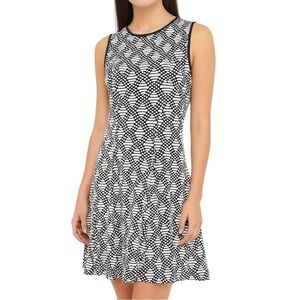 JULIAN TAYLOR Black & White Sleeveless Dress sz 16 Fit & Flare Stretch Geometric